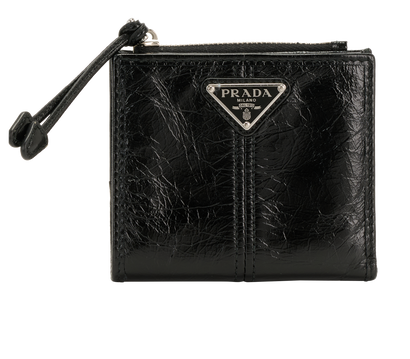 Prada Crinkled Bifold Wallet, &pound;175, Accessories, Black, Leather, Front view